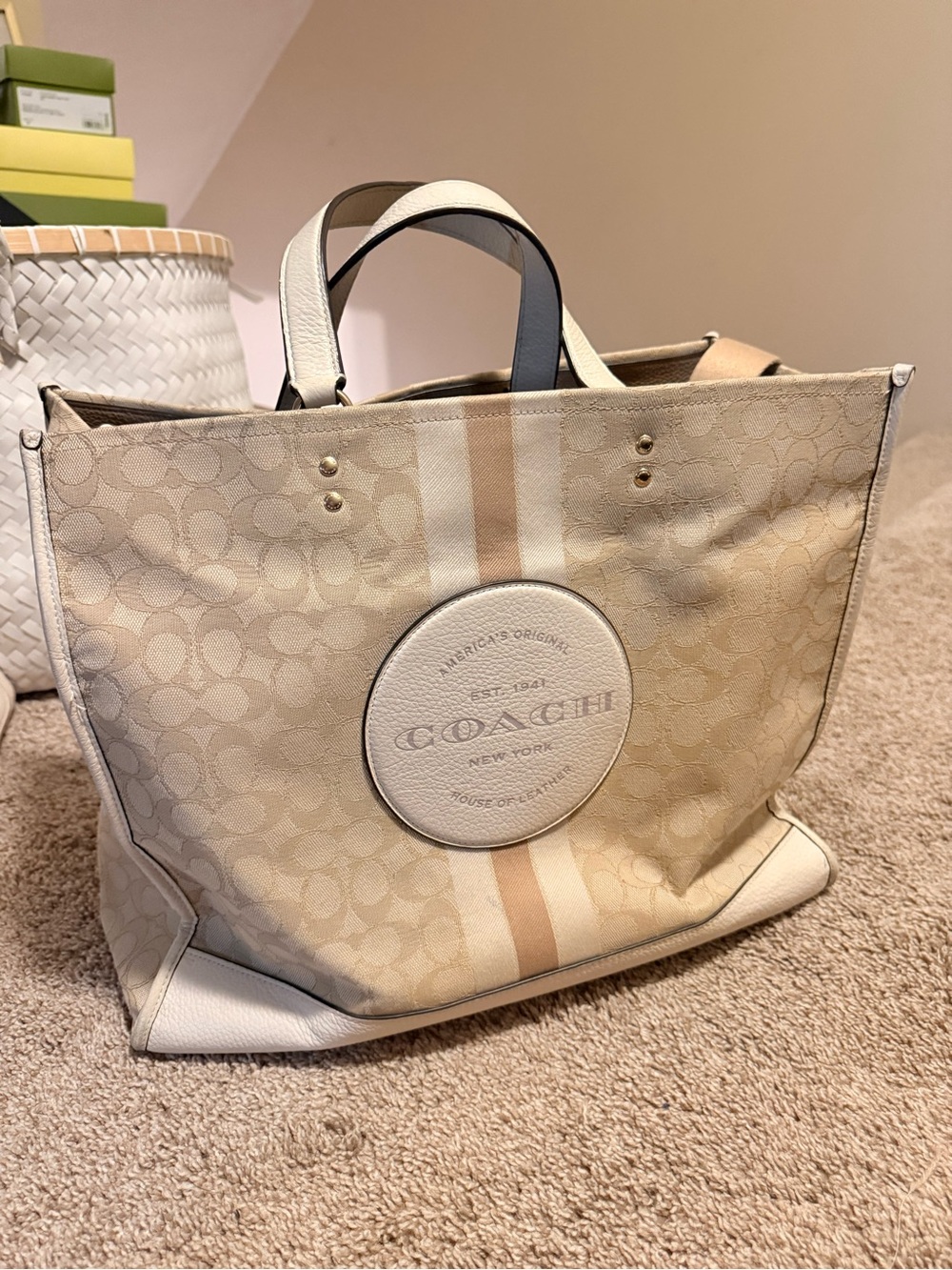 Coach Beige and Cream Signature Stripe Tote